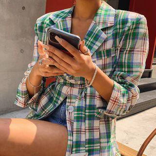 Plaid Longline Blazer With Belt