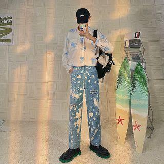 Splash Print Ripped Straight Fit Jeans
