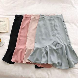 Plain Asymmetric High-waist Ruffled-trim Skirt