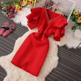 Short-sleeve Ruffled Embellished Sheath Dress