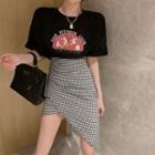 Short-sleeve Printed T-shirt / High-waist Plaid Asymmetric Skirt