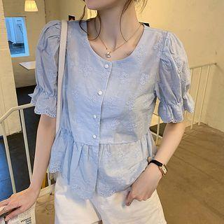 Puff-sleeve Floral Eyelet Lace Blouse