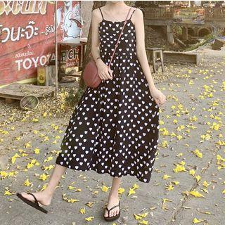 Heart Print Midi Spaghetti Strap A-line Dress