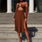 Long-sleeve Off-shoulder Halter-neck Cutout Midi Dress