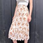 Elastic-waist Crinkled Floral Midi Skirt