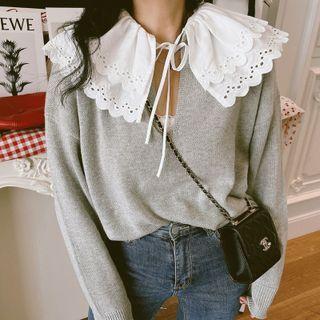 Layered Collar Sweater White Collar - Gray - One Size