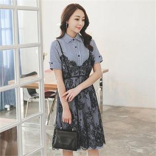 Set: Short-sleeve Stripe Shirtdress + Laced Pinafore Dress