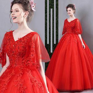 Flutter Sleeve Lace Applique Ball Evening Gown