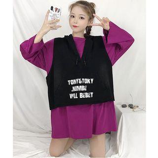 Lettering Hooded Vest / Crew-neck Long-sleeve T-shirt