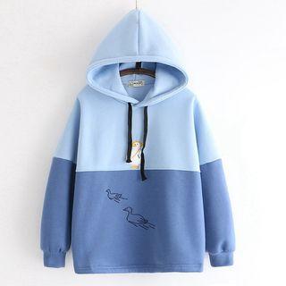 Embroidered Two-tone Hoodie Blue - One Size
