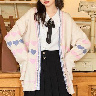 Heart Print Cardigan Heart - Off-white - One Size
