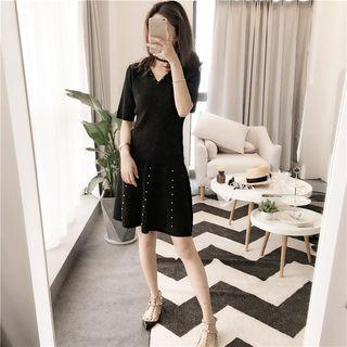 Set: Studded Short Sleeve Knit Top + Flared Skirt