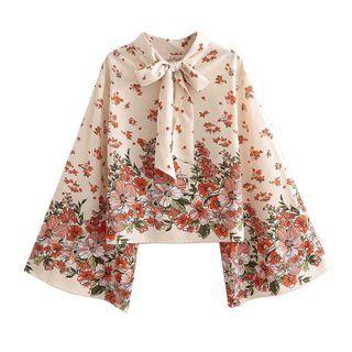 Bell-sleeve Bow-neck Floral Blouse