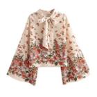 Bell-sleeve Bow-neck Floral Blouse