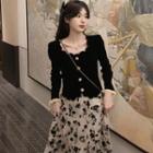 Long-sleeve Scalloped Blouse / Floral Mesh Midi A-line Skirt