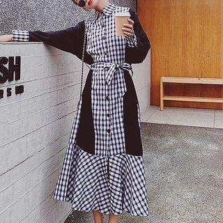 Plaid Panel Tie-waist Midi A-line Shirtdress