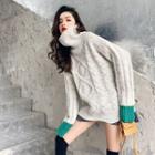 Color-block Cable Knit Turtle-neck Loose-fit Sweater
