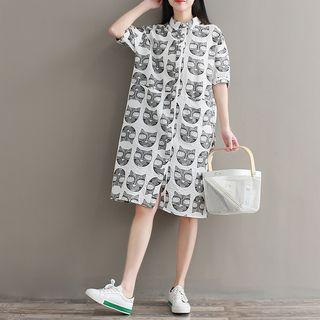 Cat Print Elbow Sleeve Shirt Dress