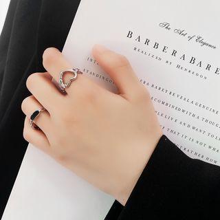 Set: Heart Alloy Open Ring + Geometric Alloy Open Ring Set Of 2 - Ring - Silver - One Size