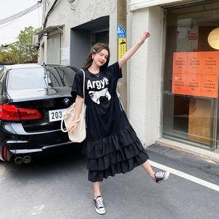 Short-sleeve Print Panel Smock Dress