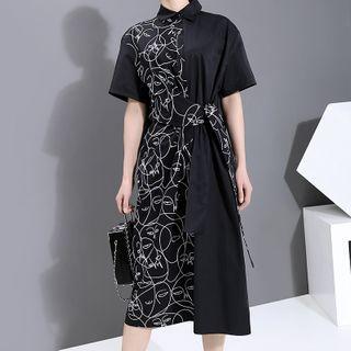 Patterned Short-sleeve Midi A-line Shirt Dress Black - One Size