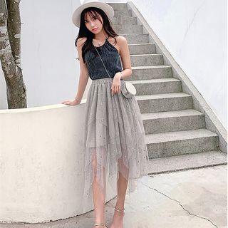 Asymmetric Sequined Mesh Skirt