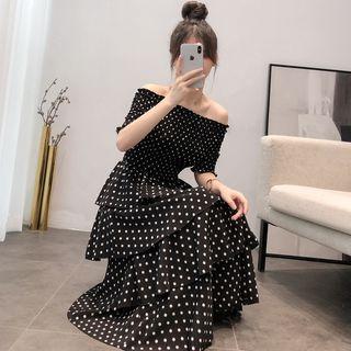 Dotted Off-shoulder Elbow-sleeve A-line Dress
