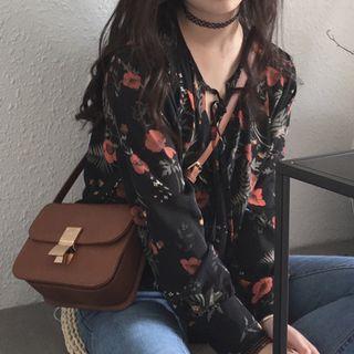 Cropped Long-sleeve Chiffon Blouse
