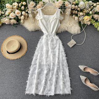 Fringed Trim Cold-shoulder Midi A-line Dress