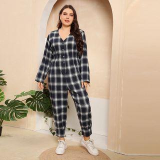 Long-sleeve Plaid Cropped Jumpsuit