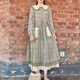 Long-sleeve Plaid Button-up Midi A-line Dress Green - One Size