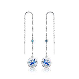Christmas Elk Earrings With Blue Austrian Element Crystal Silver - One Size