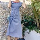 Contrast Trim Striped Short-sleeve Drawstring Midi A-line Dress