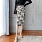 High-waist Plaid Slim Fit Split Midi A-line Skirt