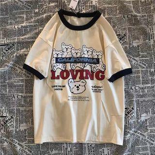 Short-sleeve Cartoon Bear Print Ringer T-shirt