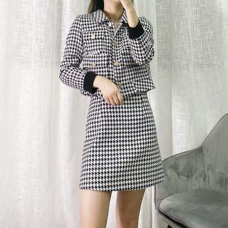 Houndstooth Button-up Cropped Jacket / Mini A-line Skirt