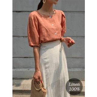 Square-neck Puff-sleeve Linen Blouse