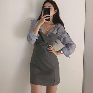 Set: Plain Shirt + Asymmetric Pinafore Sheath Dress