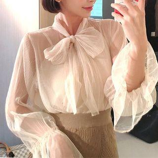 Set: Plain Camisole Top + Bow Accent Long-sleeve Top