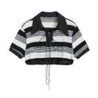 Elbow-sleeve Striped Cropped Polo Shirt Black - One Size