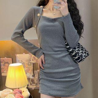 Long-sleeve Square Neck Ruched Mini Bodycon Dress