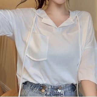 Short Sleeve V-neck Hooded Drawstring Top