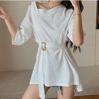 Side-slit Cut-out Elbow-sleeve T-shirt