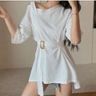 Side-slit Cut-out Elbow-sleeve T-shirt