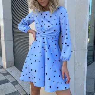 Dot Print Long-sleeve Mini A-line Dress