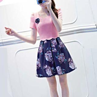 Floral Print Mock Two-piece Short-sleeve Chiffon Dress