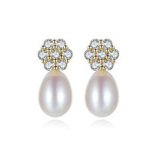 Sterling Silver Plated Gold Elegant Simple Flower Earrings With White Freshwater Pearls And Cubic Zirconia Golden - One Size