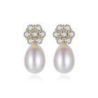 Sterling Silver Plated Gold Elegant Simple Flower Earrings With White Freshwater Pearls And Cubic Zirconia Golden - One Size