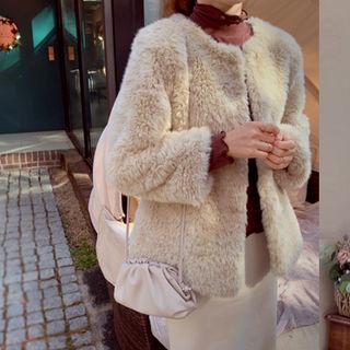 Round-neck Faux-fur Jacket Light Beige - One Size