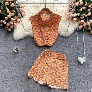 Set Of 2 : Print Sleeveless Shirt + Wide-leg Shorts